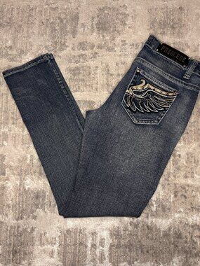 Y2K Premiere Rue21 Blue Angel Wings Bling Studded Embroidery Skinny Jeans 9/10R